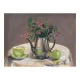 Elaine Herbosa, Still life of Green Cup and Teapot and Green Apples, oil on canvas