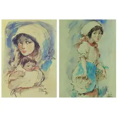 Salvador Cabrera, i. Mother and Child ii. Farm Maiden, watercolor on paper