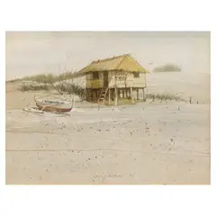 Seaside by Alfredo Liongoren, watercolor on paper, offered Apr 2023