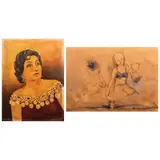 a)  Portrait of a Woman b) Woman on the Big Book by a. Gonzales <br>b. Unidentified Artist, a) oil on canvas<br>b) watercolor on paper, offered Apr 2023