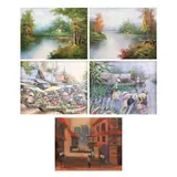 a. Riverscapeb. Riverscapec. Market Scened. Mangingisdae. Town Scene by A Lot of Five Paintings, a) oil on canvas<br>b) oil on canvas<br>c) oil on canvas<br>d) oil on canvas<br>e) oil on canvas, offered Apr 2023