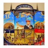 William Gaudinez, Si May-I sa mga Mata ni Nostradamus, Inlaid mother of pearl, inlaid carabaobone, sculpted terracotta figures, glitter,crystlas, gold leaf, acrylic and industrial paint on hardwood piece and wooden assemblage with retablo doors opened: