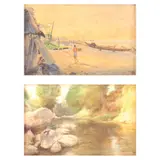 a) Untitled b)  Riverscape by a) Elias Laxa b) Gene de Loyola, a) watercolor on paper b) pastel on paper, offered Oct 2022