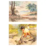 a) Untitled (Landscape) b) Children by the Stream by a) Simon Saulog b) Mardonio A. Cempron, a) pastel on paper b) acrylic on board, offered Oct 2022
