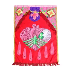 Quatro Hapimeel, Sacred Scar, acrylic on canvas, cut out retaso, thread, spray paint, and plastic chain