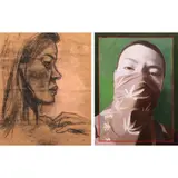 a) Salvador J. Ching b) Aran, a) Woman b) Untitled, a) charcoal and pastel on paper b) acrylic on canvas