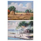 a) Harvest b) Fishing Boats by a) Felix Gonzalez b) Oscar Navarro, a) oil on canvas b) oil on canvas, offered Apr 2022