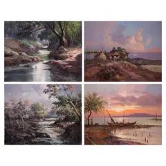 Ben Alano, a) Forest Scene
b) Kubo sa Burol
c) Running Brook
d) Daybreak Fishing Village, oil on canvas