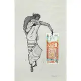 Romeo Tabuena, Filipina with 20 Peso Bill, pen and ink with 20 peso bill on paper