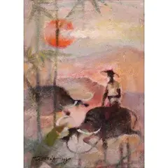 Two Carabaos by Romeo Tabuena, oil on wood, offered Jan 2022
