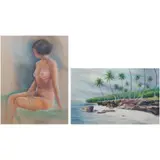 a)Nude
b)Samal Island, Davao by a) Unidentified Artist b) Nik Masangcay, a)pastel on paper b)watercolor on paper, offered Jan 2022