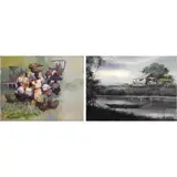 a) Market Scene b) Riverside by a) Alfredo Buenaventura b) Eddie Sarmiento, oil on canvas, offered Jan 2022