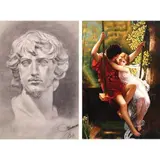 a) Portrait of Apollo
b) After Pierre Auguste Cot’s Springtime by a) Unidentified Artist b) Unidentified Artist, a) graphite and charcoal on paper b) acrylic on canvas, offered Jan 2022