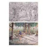 a) Hidalgo b) D. Guttierez, a.) In the Courtyard b.) Pahinga, a.) pen and ink on paper b.) watercolor on paper