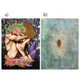 a) Bryan Cachuela b) Lester Amacio, a) Untitled 
b) Atmosphere, a) mixed media on canvas b) oil on canvas