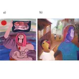 a) Ernesto Tagle b) Jake Catah a), a) Positivism Series 4
b) Untitled, a) acrylic and watercolor on paper b) oil on canvas