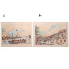 Felipe V. Adriano, Jr., a) Puente Colgante, Quiapo at Casco in
Pasig 1980
b) Sunday in Quiapo 1904, ink and watercolor on paper