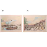 Felipe V. Adriano, Jr., a) Puente Colgante, Quiapo at Casco in
Pasig 1980
b) Sunday in Quiapo 1904, ink and watercolor on paper