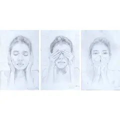 Hear No Evil, See No Evil, Speak No Evil by Paul David S. Magisa, graphite on paper, offered Jul 2021