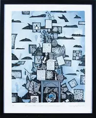 Gregory O’ Brien, Raoul Island Whale Survey with Shipping containers, aquatint