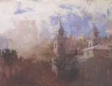 Churchyard by Angel Pintado Sevilla (b. 1948, oil on board, offered Jan 2020