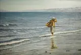 J. Barcolon, Woman Fishing by the Seashore, oil on wood