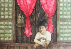 Randie M. Gutierrez, Pulang Kurtina at Lumang Dilaw na Kamiseta, watercolor on paper