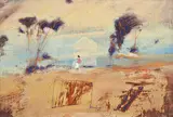 Robert Juniper, MS Shack in the Desert 1990 oil and acrylic on Belgian linen signed and dated lower centre: Juniper 1990 21 x 29cm