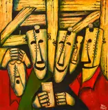 Pro Hart, Miners with a Plod 2001 oil on canvas