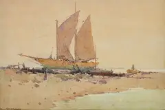 Sailing Boat along the Shore watercolour signed lower left: R. W. STURGESS 17.5 x 25cm by R. W. Sturgess, watercolor, sold Dec 2014