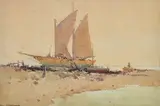 R. W. Sturgess, Sailing Boat along the Shore watercolour signed lower left: R. W. STURGESS 17.5 x 25cm, watercolor