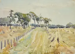 Jessie Traill, Wheat Stocks in Paddock 1915 watercolour signed and dated lower right: J.C.A. Traill/1915 35 x 48cm, watercolor