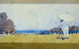 J J Hilder, The Artist Working (a postcard) watercolour on postcard, watercolor