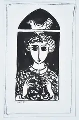 Yosl Bergner, Girl and Bird at the Window c.1972 mixed media signed lower left: Yosl Bergner, mixed media