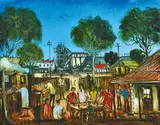 Backyard Barbeque 1986 oil on board signed lower right: PRO HARt 40 x 50cm by Pro Hart, oil, sold Dec 2014