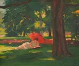 Josephine Muntz Adams, (A Day In The Park) oil on board signed and dated lower right: Muntz 1919 28.5 x 33cm, oil