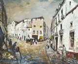 George Lawrence, Spanish Street 1968 oil on plywood Awaiting info from Deutscher and Hackett signed and dated lower right: