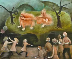 Yvonne Atkinson, Zoo (Nona and Suma Orangutans) 1982 oil on canvas signed and dated lower right, also signed lower left: Yvonne Atkinson '82 83 x 100cm, oil