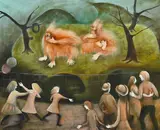 Yvonne Atkinson, Zoo (Nona and Suma Orangutans) 1982 oil on canvas signed and dated lower right, also signed lower left: Yvonne Atkinson '82 83 x 100cm, oil