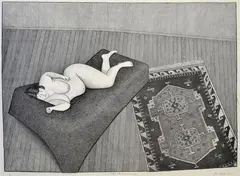 John Brack, Model with Islamic Carpet 1977 lithograph A/P 49 x 68cm, lithograph
