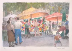Ethel Carrick, French Flower Market hand-coloured lithograph, lithograph