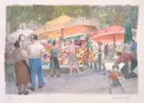 Ethel Carrick, French Flower Market hand-coloured lithograph
