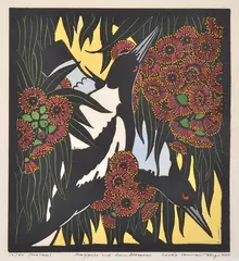 Leslie van der Sluys, Magpies and Gum Blossom 1980 hand-coloured linocut, ed. XI/XV (2nd state) 30.5 x 27.5cm, print (other)