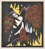 Leslie van der Sluys, Magpies and Gum Blossom 1980 hand-coloured linocut, ed. XI/XV (2nd state) 30.5 x 27.5cm, print (other)