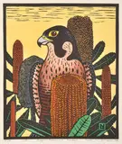 Leslie van der Sluys, Peregrine Falcon and Banksia 1986 hand-coloured linocut, ed. 37/90 35 x 29cm, print (other)