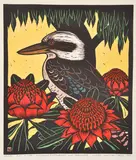Leslie van der Sluys, Laughing Kookaburra and Waratah 1982 hand-coloured linocut, ed. 29/90 36 x 30cm, print (other)