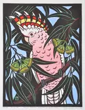 Leslie van der Sluys, Major Mitchell Cockatoo and Mallee Gum 1983 hand-coloured linocut 58/90 42.5 x 32.5cm, print (other)