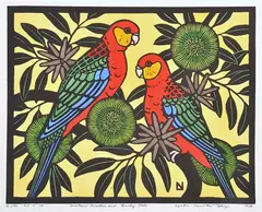 Leslie van der Sluys, Western Rosellas and Bushy Yale 1983 hand-coloured linocut 12/90 32 x 41cm, print (other)