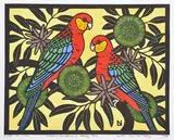 Leslie van der Sluys, Western Rosellas and Bushy Yale 1983 hand-coloured linocut 12/90 32 x 41cm, print (other)