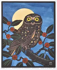 Leslie van der Sluys, Boobook Owl and Australian Cheesewood 1984 hand-coloured linocut 66/90 36 x 29.5cm, print (other)